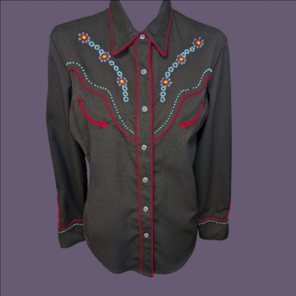 Western Shirt Beaded Red Piping Crystal Beads Ornate Snaps By Scully